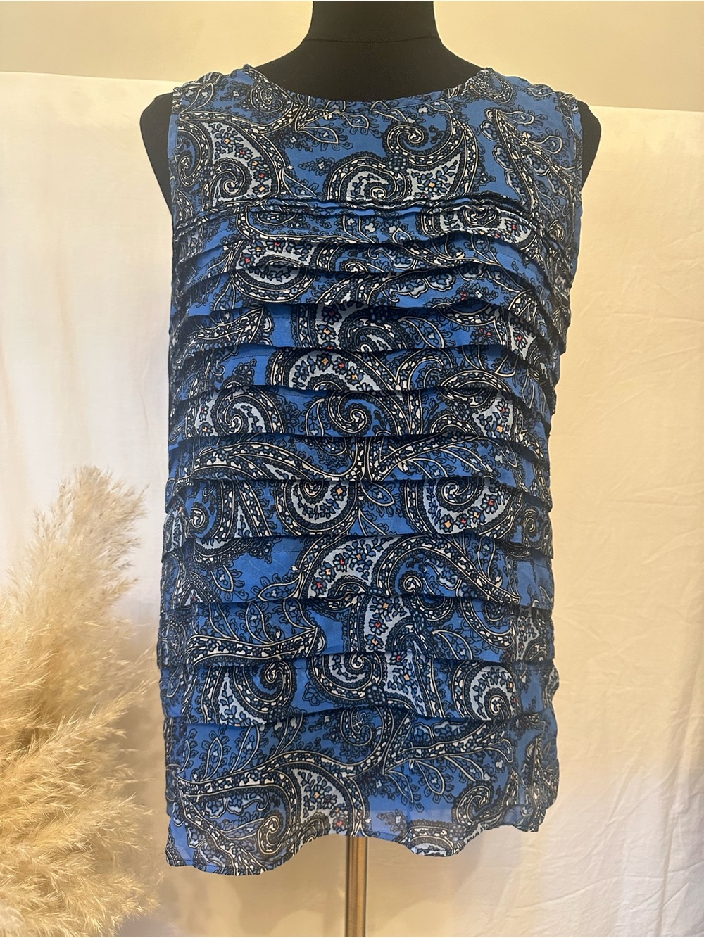Dana Buchman Blue Paisley Tiered Ruffle Sleeveless Blouse Top XL